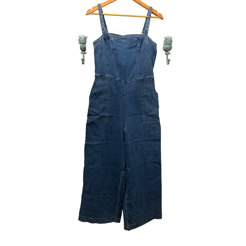NWT Hollister Smocked Wide Leg Denim Jumpsuit Med Wash Blue Cotton Blend Large